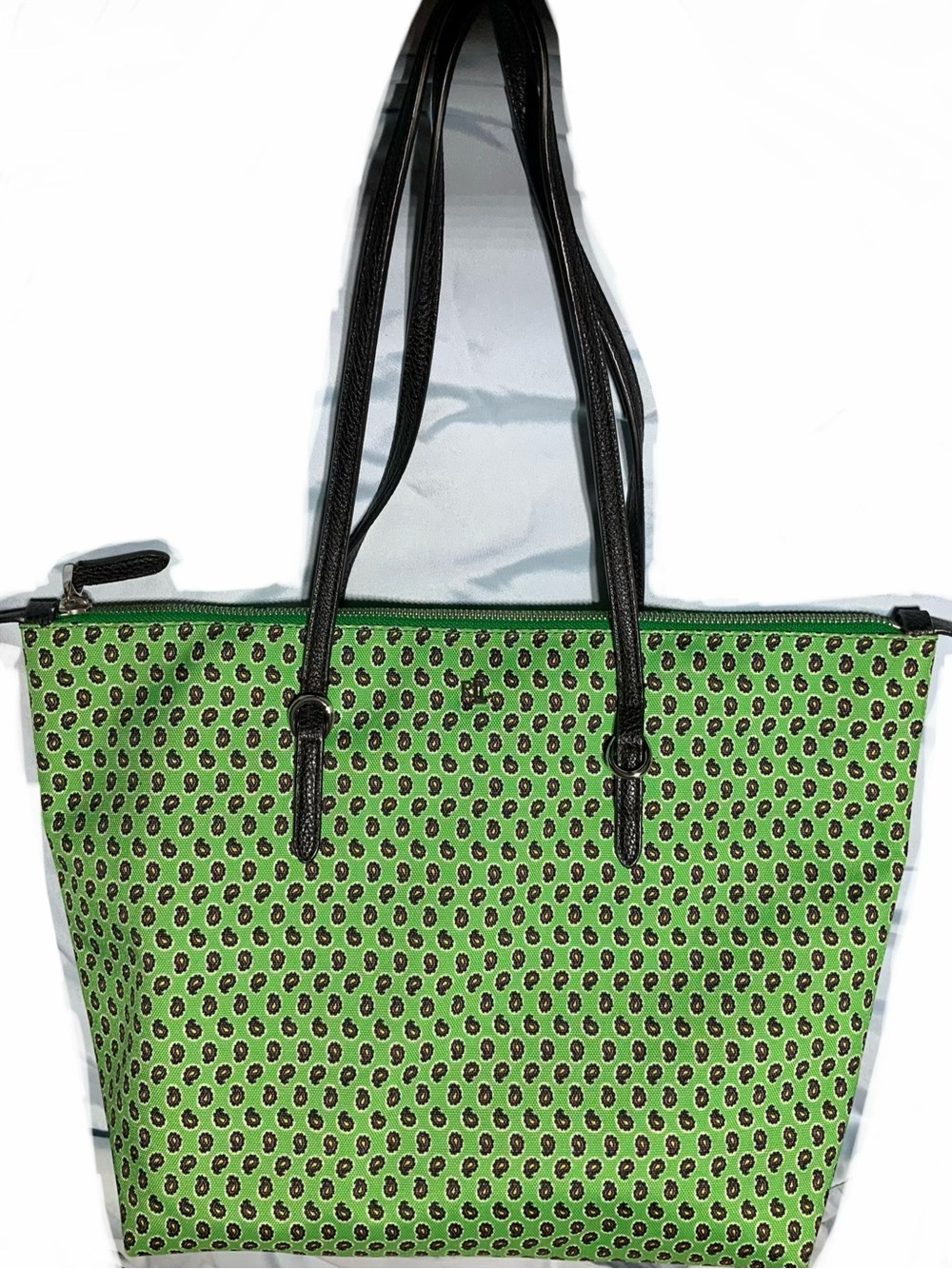 Lauren Ralph Lauren Green Nylon Tote Bag Black Leather Handles